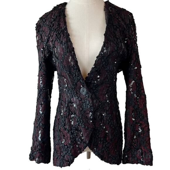 Vintage 90s Sequin Embellished Blazer size 6 Vampy Goth Burgundy Black Lace - Picture 1 of 8